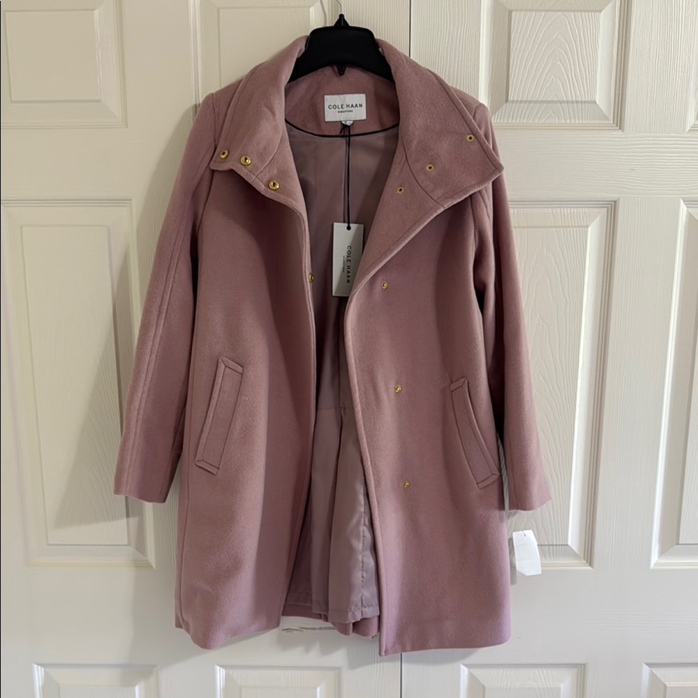 NWT Cole Haan Wool Blend Pink (Mauve) Peacoat with Relaxed Fit and Lapels